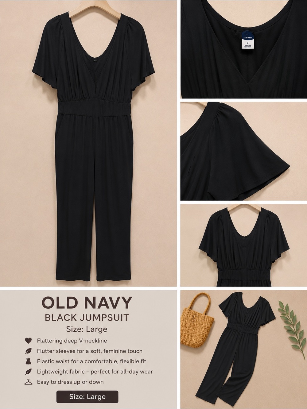 Old Navy Black V-Neck Flutter-Sleeve Jumpsuit
